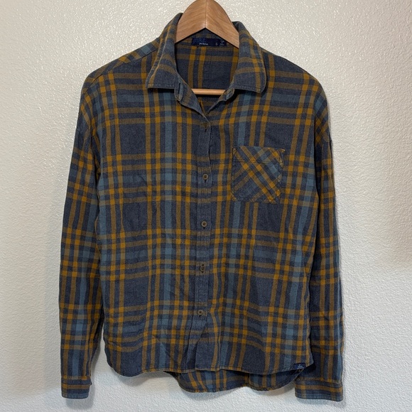 Prana Tops - prAna Percy Organic Cotton Flannel Shirt Blue Gray Gold Plaid Size Small